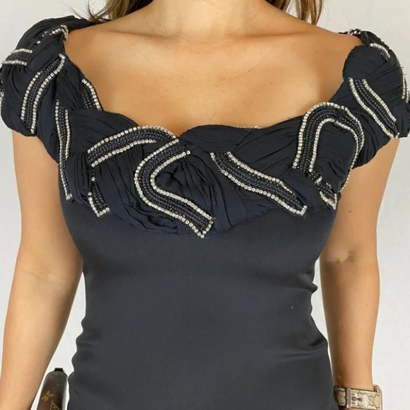 Marchesa Silk Jeweled Black Sheath Cocktail Dress - Picture 2 of 8